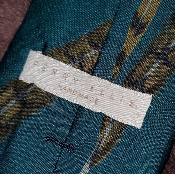 PERRY ELLIS Blue / green necktie with Feathers NEW - Picture 4 of 5